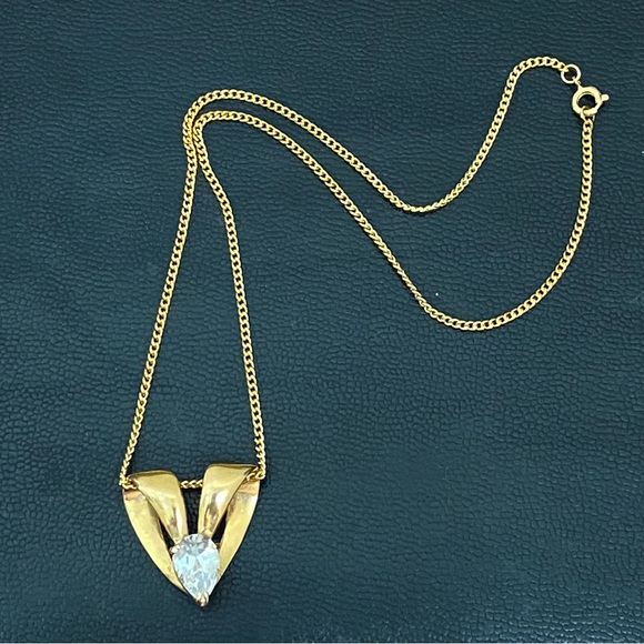 Vintage Unsigned Gold-Plated Heart Slider Pendant Teardrop Clear CZ 16” Necklace - Picture 4 of 15